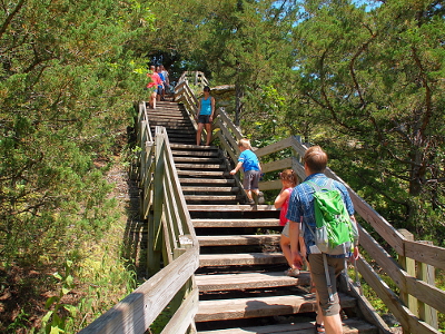 [About 30 wooden steps with a railing leading to the viewing platforms. A family with two young kids are spread up the stairs.]